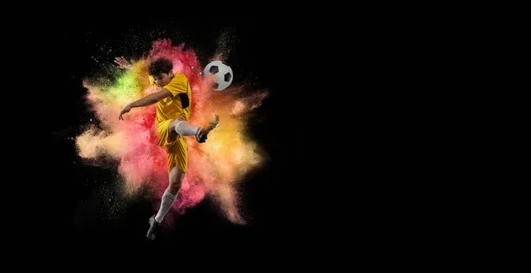 Male Soccer Football Player Kicking Ball Jump Isolated Dark Background — Stock Photo, Image