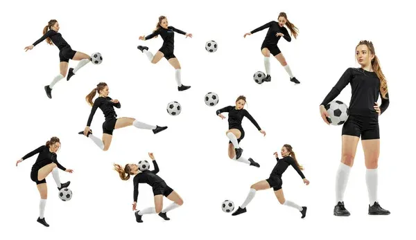 Destruction Gender Stereotypes Collage Made Shots Female Soccer Player Ball — Stock Photo, Image