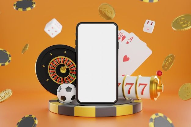 Photo online gambling casino orange background mobile blank screen gold coin 3d rendering.