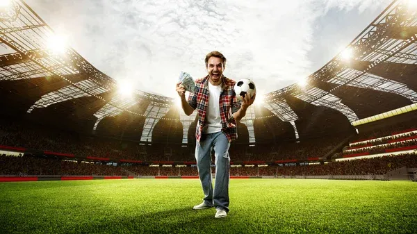 Happy Excited Man Shouting Holding Money Football Ball Lucky Man — Stock Photo, Image