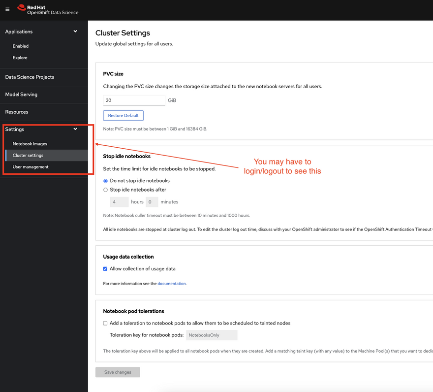 Red Hat Openshift Data Science Settings Navigation enabled