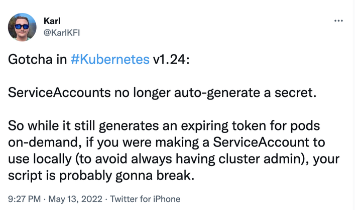Cover image for Stop using kubeconfig with admin access | Service account no longer auto-generate secret