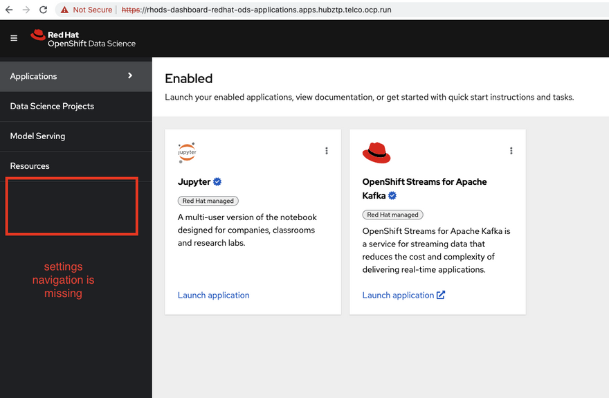 Red Hat Openshift Data Science Settings Navigation missing