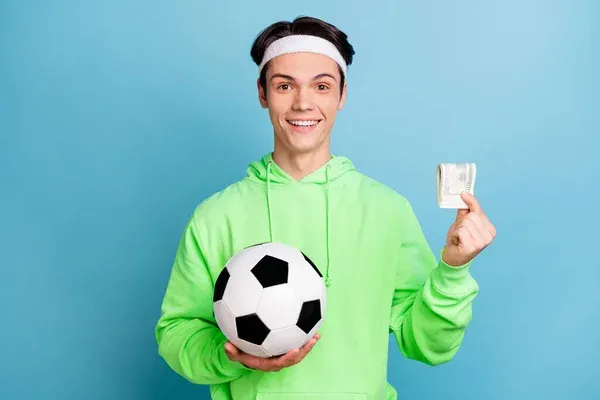 Photo Charming Funny Young Gentleman Wear Green Sweatshirt Smiling Holding — Stock Photo, Image