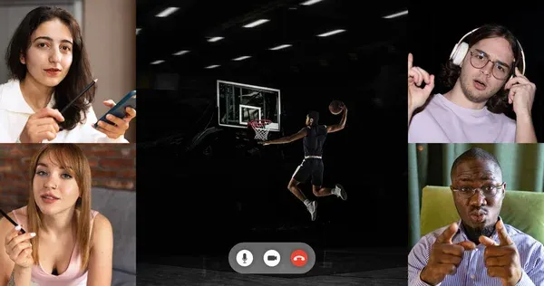 Collage. Young people watching basketball video call translation, giving comments — Stock Photo, Image