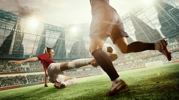 Dynamic Image Female Football Players Motion Match Game Woman Hitting — Stock Photo, Image