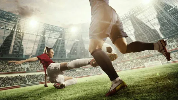 Dynamic Image Female Football Players Motion Match Game Woman Hitting — Stock Photo, Image