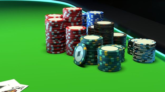 Photo collection of realistic casino chips red blue and green poker premium chips on green poker table with blue light 3d rendering