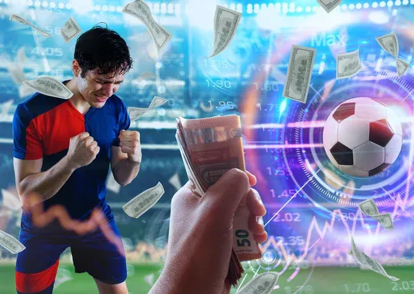 Football Scene Player Who Exults Stadium Online Bet — Stock Photo, Image