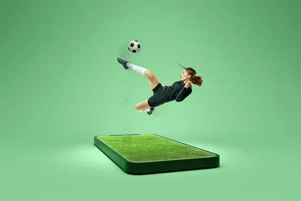 Online Broadcasts Sports Competitions Creative Collage Young Female Soccer Player — Stock Photo, Image